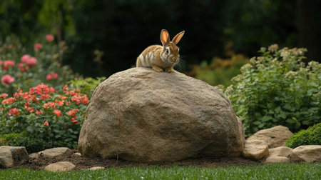 A charming rabbit sitting on a large rock in a lush garden surrounded by colorful flowers and greenery, capturing a serene outdoor moment in nature.の素材