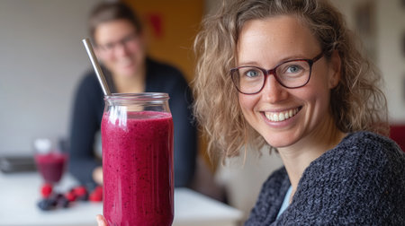 A cheerful woman enjoys a vibrant berry smoothie in a cozy kitchen. The scene captures a moment of joy and healthy living, perfect for lifestyle themes.の素材