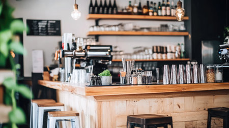 Capture the essence of a modern coffee bar featuring stylish wooden decor, elegant lighting, and a welcoming atmosphere perfect for relaxation and socializing.の素材