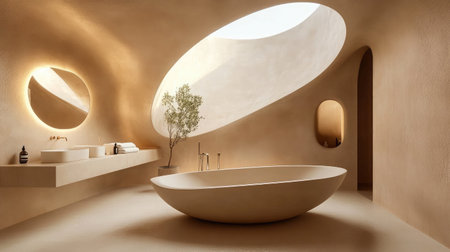 Explore a serene minimalist bathroom showcasing a round tub, natural light, and elegant design elements to inspire relaxation and wellness in your space.の素材