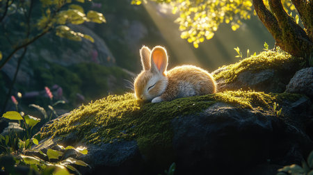 A charming scene of a sleeping rabbit nestled on a mossy rock, illuminated by warm sunlight filtering through the forest. Perfect for nature lovers.の素材