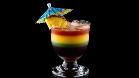 A vibrant layered cocktail garnished with a pineapple slice and a colorful umbrella. Perfect for summer parties and tropical gatherings.の素材