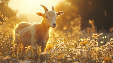 A young goat stands in a vibrant flower field during golden hour, surrounded by blooming flora and warm sunlight creating a serene atmosphere.の素材