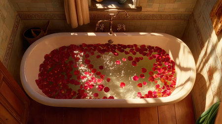 A serene bathtub filled with rose petals, creating a tranquil and relaxing atmosphere. Soft lighting enhances the warm ambiance, perfect for self-care and rejuvenation.の素材