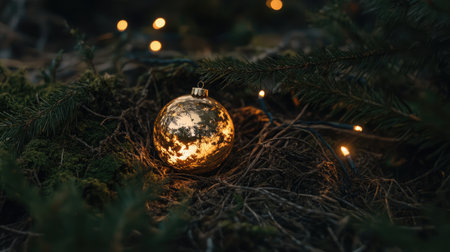 A stunning golden ornament radiates warmth amidst lush greenery, capturing the essence of the festive season. Perfect for holiday-themed projects.の素材