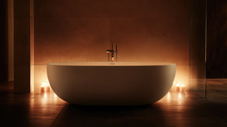 A stylish bathtub illuminated by soft candlelight, creating a tranquil and luxurious atmosphere perfect for relaxation and spa-like experiences at home.の素材