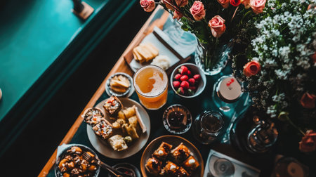 A vibrant arrangement of various foods and drinks on a table, featuring desserts, fruits, and fresh flowers, perfect for a festive gathering or celebration.の素材
