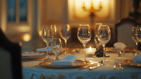 An elegant dinner table setting featuring sparkling glassware, fine china, and a soft candlelight glow, perfect for romantic evenings or special gatherings.の素材