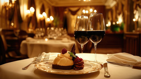 An elegant dining setting featuring a delicious dessert accompanied by wine. Perfect atmosphere for a romantic dinner or special celebration.の素材