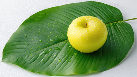 A vibrant yellow apple sits on a large green leaf, adorned with water droplets. This fresh and natural arrangement captures the essence of health and vitality, perfect for culinary and lifestyle themes.の素材