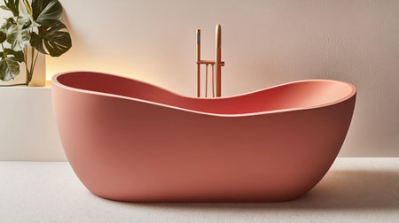 A stunning modern pink bathtub showcases minimalist design in an elegant bathroom. The smooth curves and soft hues create a tranquil and stylish atmosphere.の素材