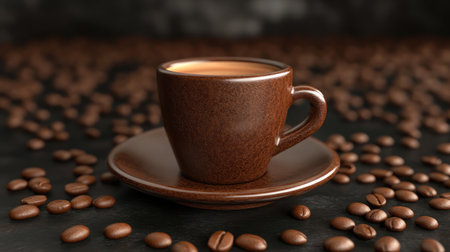 A cozy coffee cup rests on a saucer surrounded by coffee beans, creating a warm and inviting atmosphere perfect for coffee lovers and cafes.の素材