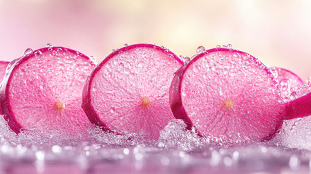 Close-up image of fresh pink radish slices with glistening water droplets, showcasing their vibrant color and texture on a soft background. Perfect for food-related themes.の素材
