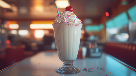 A delicious classic milkshake topped with whipped cream, a cherry, and colorful sprinkles, served in a vintage glass. Perfect for summer enjoyment!の素材