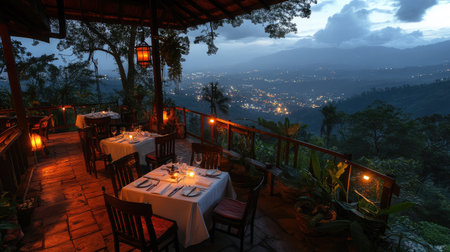 Beautiful mountain view from a cozy restaurant terrace at dusk, featuring tables set for dining, surrounded by lush greenery and warm lighting, perfect for romantic evenings.の素材