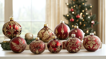 A stunning display of red and gold Christmas ornaments arranged elegantly on a table, perfect for evoking the holiday spirit and festive ambiance.の素材