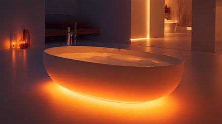 Experience tranquility in a modern bathroom featuring an elegant bathtub illuminated by soft orange lighting, creating a soothing ambiance for relaxation.の素材