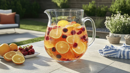 A vibrant glass pitcher filled with citrus slices and berries, perfect for summer gatherings. This refreshing drink adds a touch of brightness to any outdoor setting.の素材