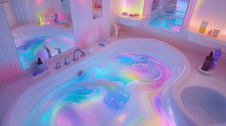 A stunning bathtub scene showcasing vibrant colors and reflections, perfect for a relaxing spa experience at home, exuding tranquility and elegance.の素材