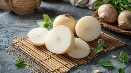 Fresh cut Asian pears displayed on a bamboo mat, showcasing their smooth texture and vibrant color. Perfect for healthy recipes and culinary presentations.の素材