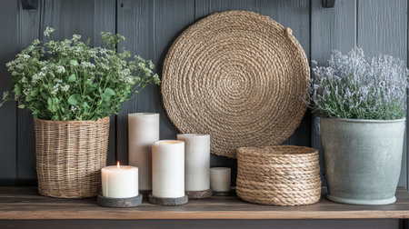 A cozy home decor setup featuring natural elements, including greenery, candles, and woven baskets. Add warmth and elegance to your space with this stylish arrangement.の素材
