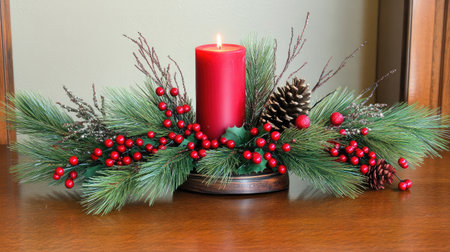 A beautiful festive arrangement featuring a red candle surrounded by pine, berries, and pine cones, ideal for holiday decorations and cozy gatherings.の素材