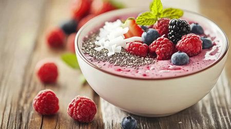 A vibrant and nutritious berry smoothie bowl topped with fresh fruit, chia seeds, and mint. Perfect for breakfast or a healthy snack.の素材