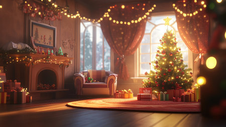 A beautifully decorated Christmas living room featuring a glowing tree, festive lights, and a warm fireplace. Perfect for holiday spirit and joy.の素材