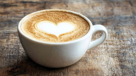 Enjoy a cozy moment with this heart-shaped latte art in a white cup, perfect for warm mornings or coffee breaks, showcasing delicious foam on rustic wood.の素材