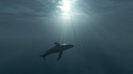 A stunning view of a whale swimming gracefully beneath the shimmering ocean surface, illuminated by radiant sunlight beams, embodying serene marine beauty.の素材