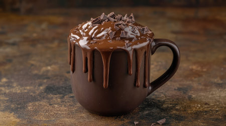 A decadent chocolate mug cake topped with rich melting chocolate. Perfectly crafted for a cozy dessert experience, ideal for sweet cravings.の素材