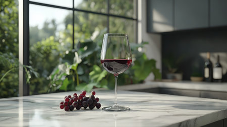 A beautifully styled wine glass filled with red wine sits on a marble countertop beside fresh grapes. The vibrant greenery in the background adds a refreshing touch, perfect for a cozy dining atmosphere.の素材