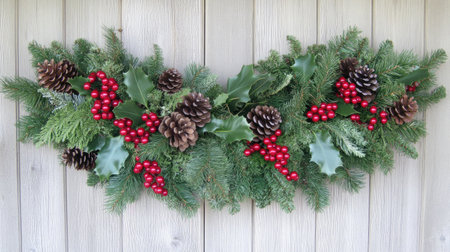 This festive holiday decoration features pinecones, vibrant red berries, and lush greenery, perfect for adding a joyful touch to any winter setting.の素材