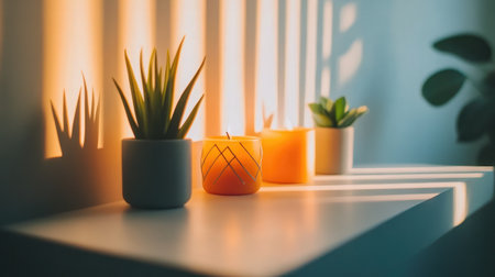 A serene indoor setting featuring candles and green plants, illuminated by warm sunlight casting soft shadows, creating a peaceful atmosphere for relaxation.の素材