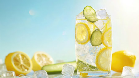 A refreshing glass filled with lemon and cucumber slices, ice, and sparkling water, perfect for summer days. Enjoy the crisp flavors in bright sunlight.の素材