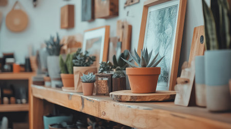 A warm and inviting indoor plant arrangement set on a rustic wooden shelf. The vibrant greenery and charming decor create a peaceful home atmosphere.の素材