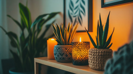 A serene indoor scene featuring stylish plants and candles, creating a warm and inviting atmosphere. Ideal for home decor and lifestyle inspiration.の素材