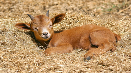 A charming goat kid lies contentedly in soft hay, enjoying a sunny day. Its peaceful expression and warm color capture the essence of farm life.の素材