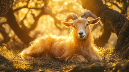 A serene golden goat rests peacefully in a beautiful outdoor setting, illuminated by soft sunset light, showcasing its gentle features and warm fur.の素材