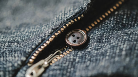 Detailed close-up of a button and zipper on textured fabric. This image showcases the craftsmanship and design of clothing accessories, highlighting their elegance and functionality.の素材
