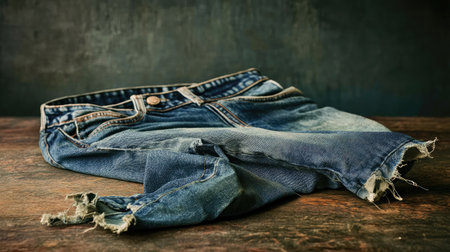A pair of worn denim shorts lies on a rustic tabletop, showcasing their faded blue color and stylish frayed edges. Perfect for fashion lovers.の素材