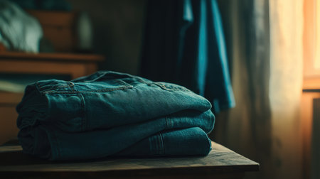 A serene image of folded blue jeans placed neatly on a wooden surface, illuminated by soft sunlight, creating a cozy and relaxed atmosphere indoors.の素材