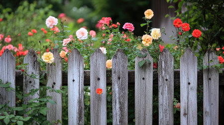 A rustic wooden fence adorned with blooming roses, showcasing vibrant colors and natural beauty. Perfect for garden and outdoor themes, this image conveys tranquility and charm.の素材