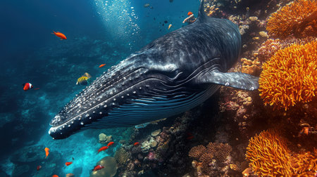 Experience the beauty of a majestic whale swimming gracefully near a vibrant coral reef, surrounded by colorful fish in clear waters. Perfect for ocean lovers.の素材