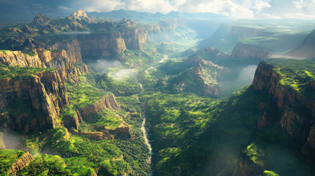 Explore a breathtaking canyon landscape featuring lush greenery, majestic mountains, and a winding river, illuminated by soft sunlight and clouds.の素材