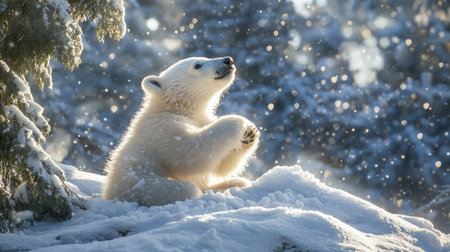 A charming polar bear cub plays joyfully in a snowy landscape, surrounded by gentle snowfall. This serene scene captures the essence of winter wildlife.の素材
