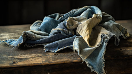 This image showcases a crumpled blue fabric resting on a rustic wooden surface, highlighting its texture and color variations. Perfect for artistic projects.の素材