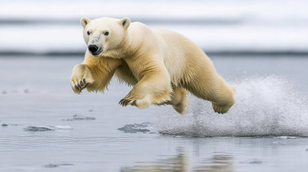A stunning image of a polar bear leaping energetically over the water surface, showcasing the beauty of wildlife in its natural Arctic habitat.の素材