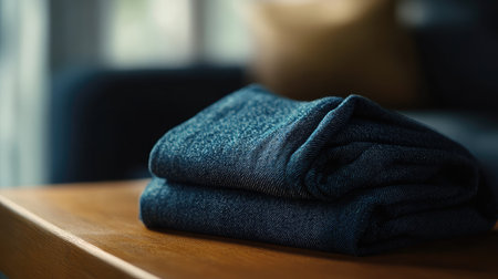 A neatly folded denim fabric rests on a wooden surface, creating a cozy and inviting atmosphere. The soft texture and blue tones complement a serene indoor setting.の素材
