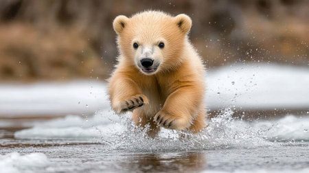A charming polar bear cub leaps through the water, splashing joyfully. This playful moment captures the essence of wildlife and the innocence of nature.の素材
